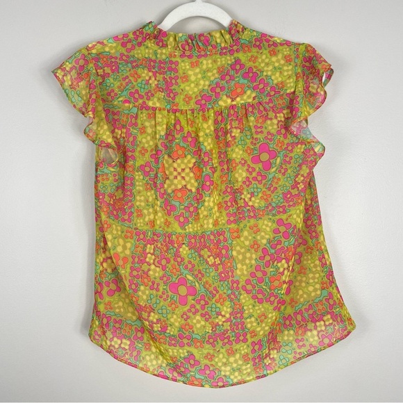 Julie Brown Top Womens 2 Blouse Neon Floral Ruffle Neckline Short Sleeve Green - Picture 2 of 7